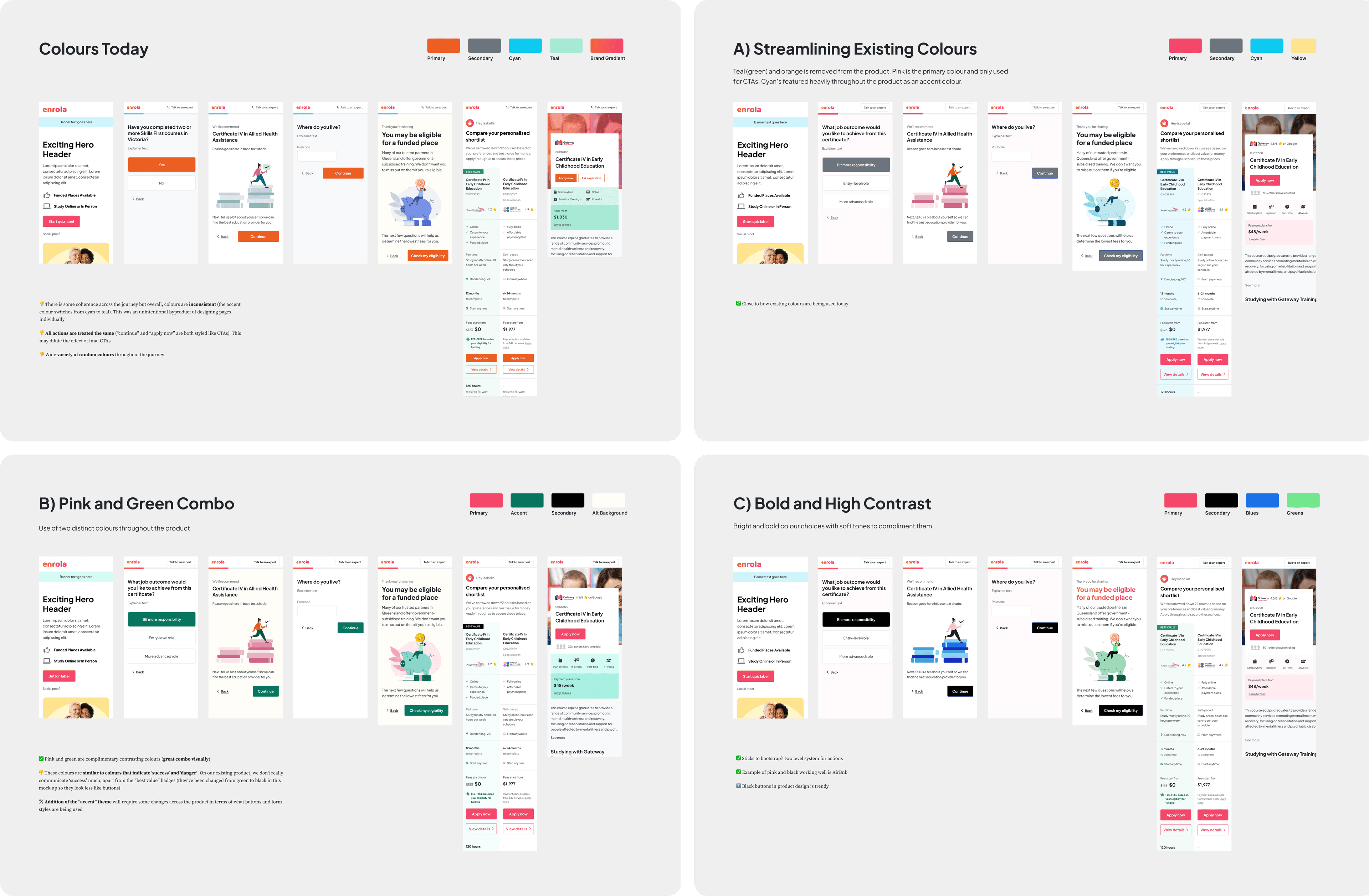Screenshot of Enrola product designs in various colour themes