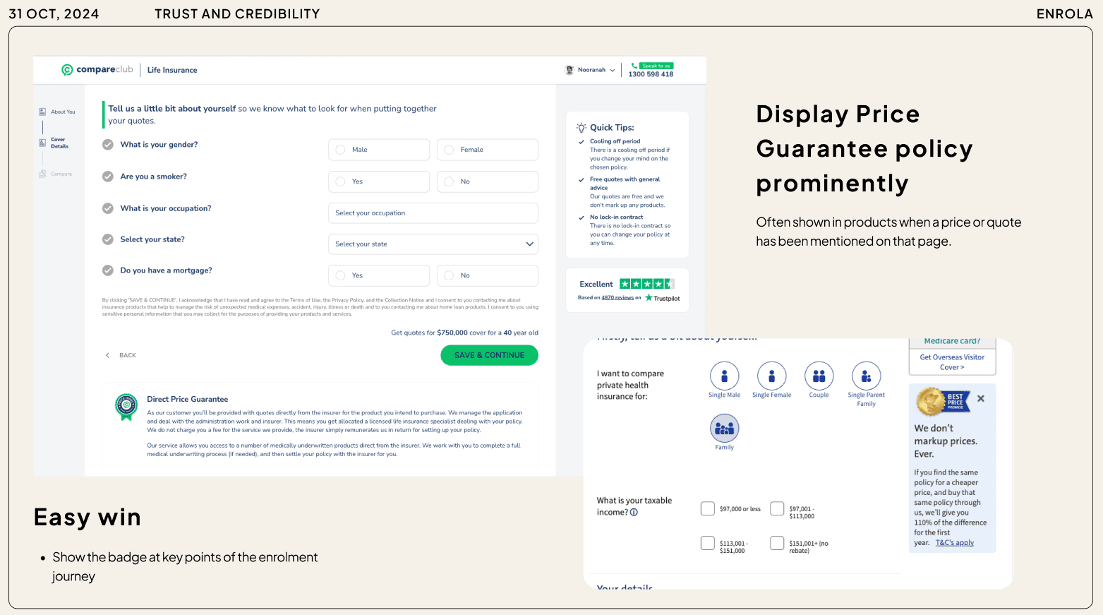 Screenshot of a presentation slide about displaying price guarantee policy prominently on Enrola