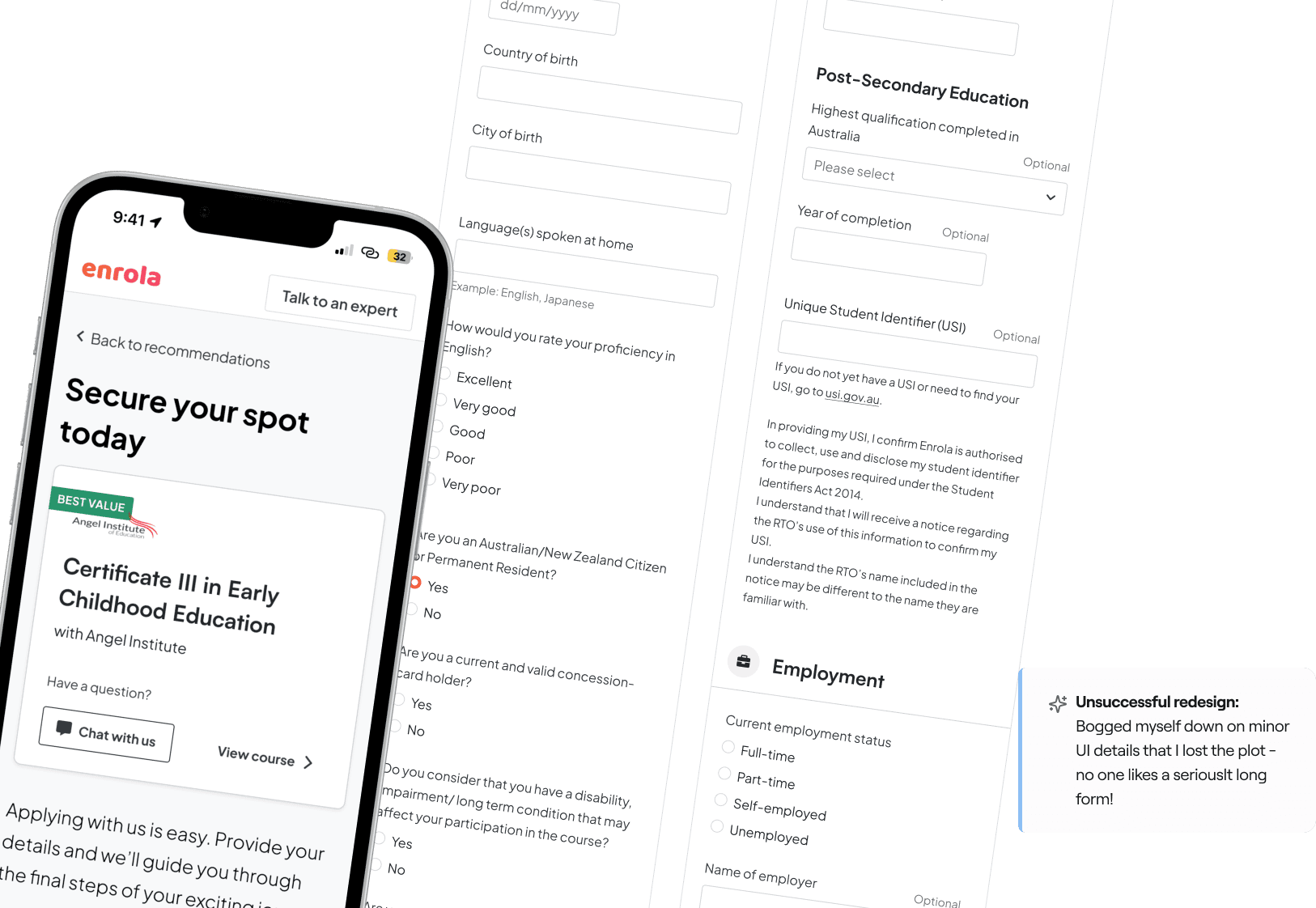 Image of mobile designs for Enrola's student enrolment form