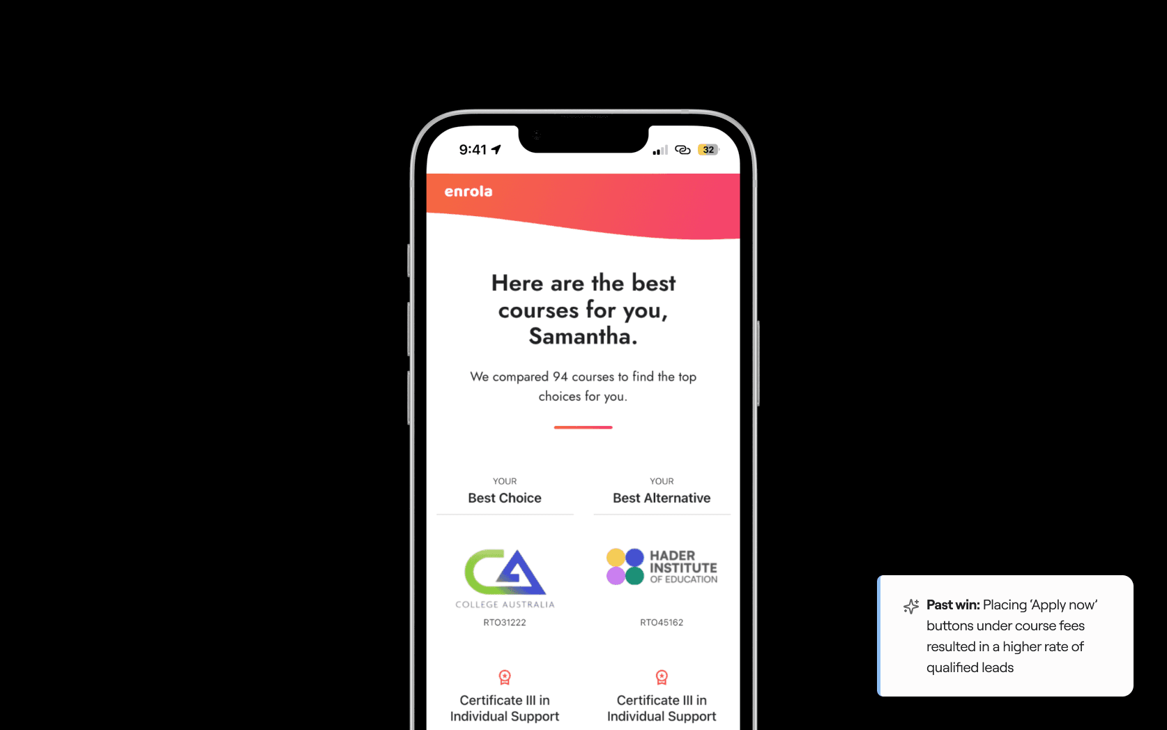 Image of a smartphone displaying early designs for Enrola's course recommendations