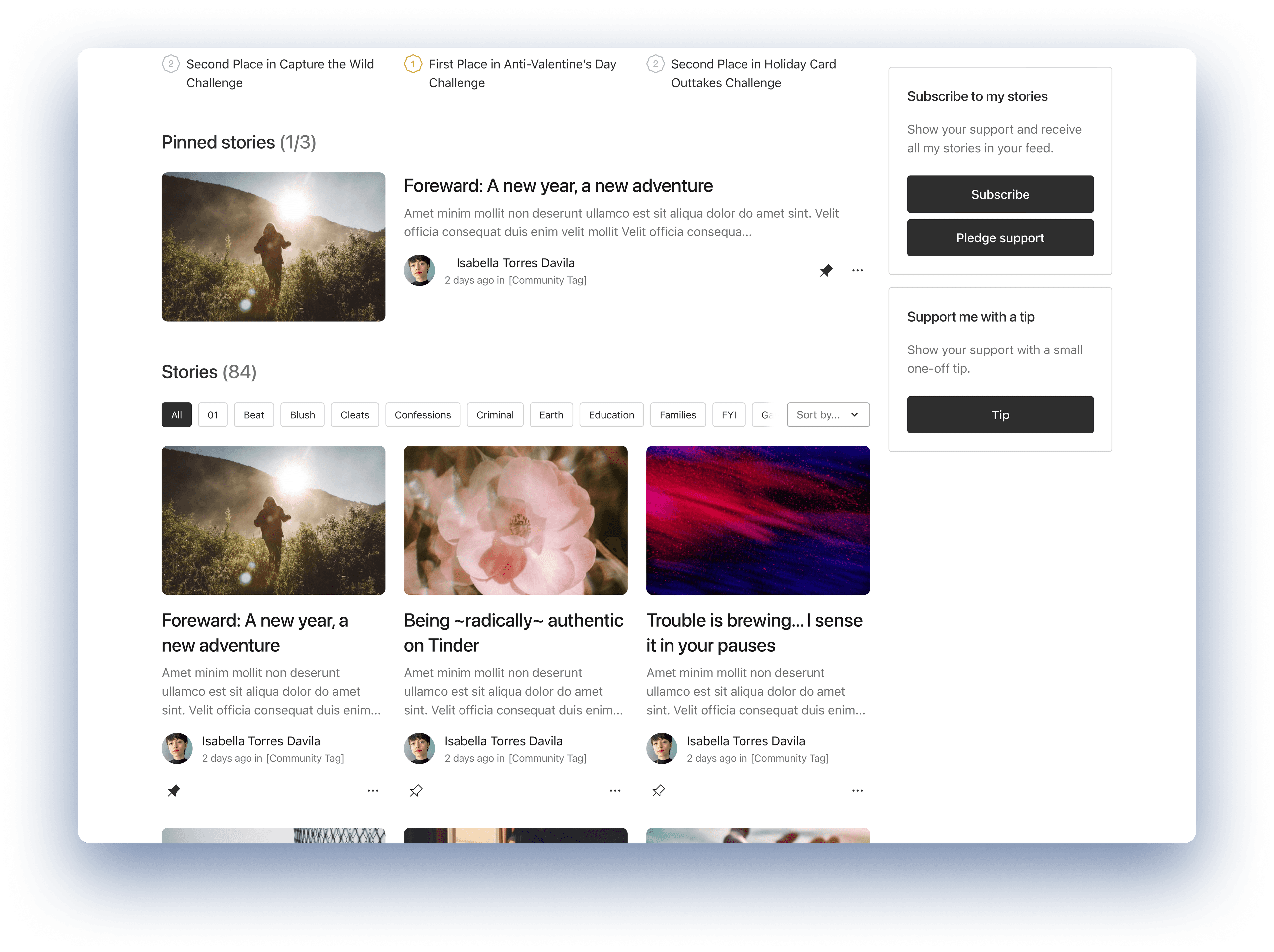 Image showing pinned stories on Vocal, a new feature on creator profiles
