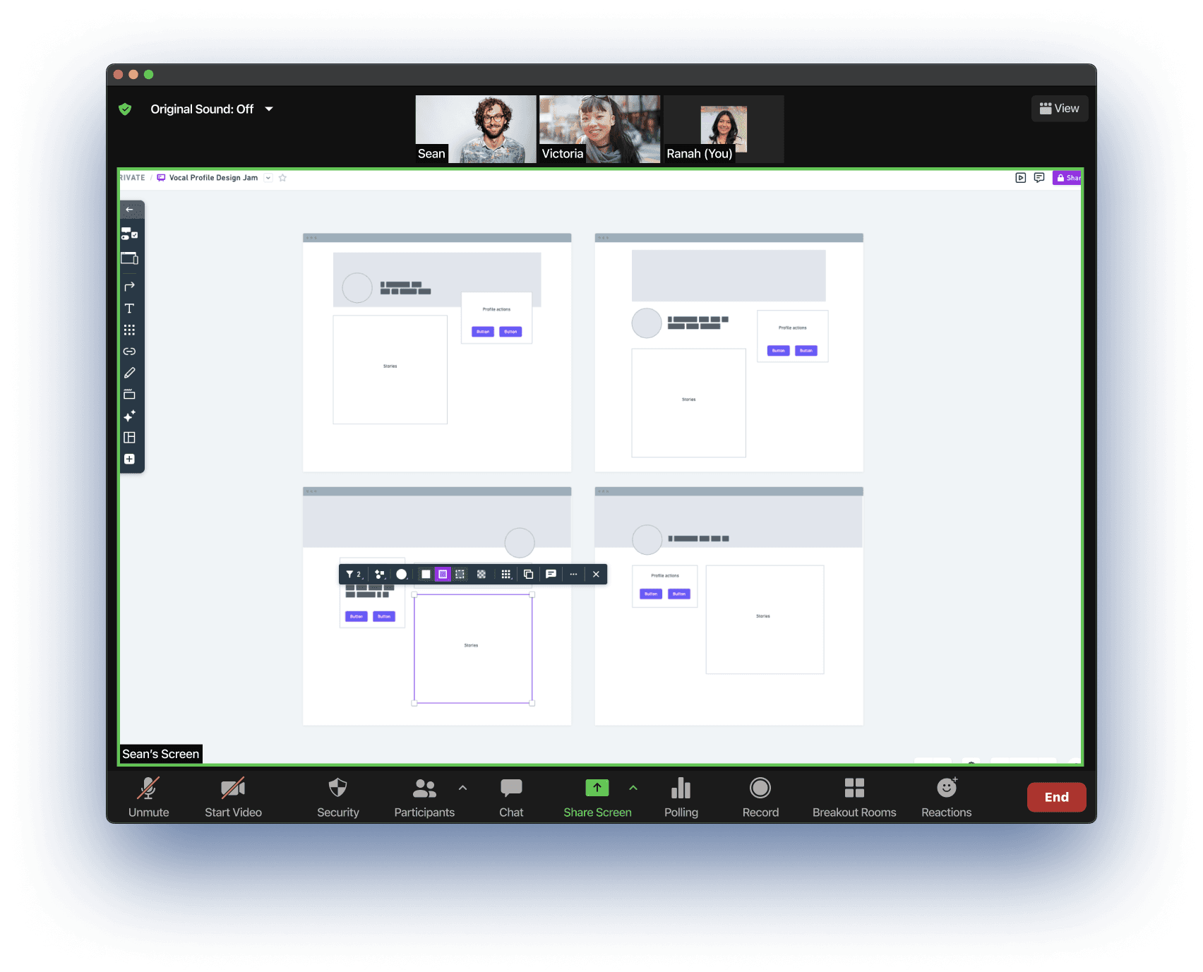 Screenshot of Zoom meeting of three designers viewing a screenshare of webpage layout explorations